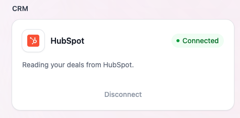 The HubSpot card in Alfred's CRM settings, showing Connected with a Disconnect button